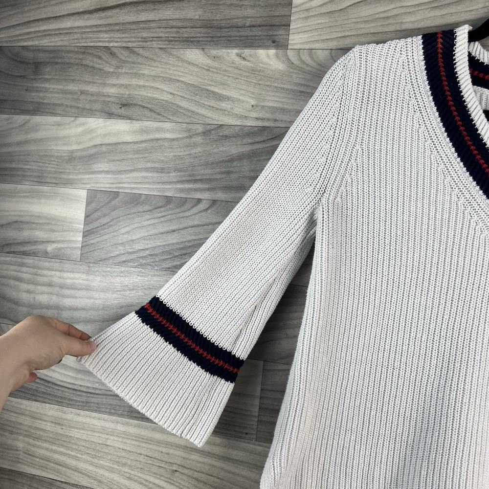 Cabi Pullover Sweater Women S White Striped 3/4 Flare Sleeve V Neck Cotton Blend - Picture 4 of 12